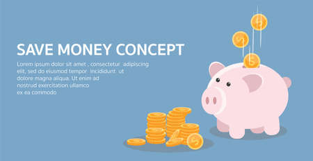 Piggy bank with falling gold coins. The concept of saving or save money. Vector illustration with place for your text or copy space.のイラスト素材