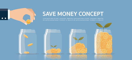 Hand putting coin a piggy bank money savings. The concept of saving or save money. Vector illustration with place for your text or copy space.のイラスト素材