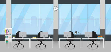 Office room interior with cityscape outside window.Design of modern office designer workplace.Vector illustration.のイラスト素材