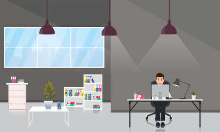 Businessman working in office room  with cityscape outside window.Design of modern office designer workplace.Vector illustration.のイラスト素材