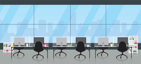 Office room interior with cityscape outside window.Design of modern office designer workplace.Vector illustration.のイラスト素材