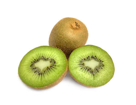 Ripe whole kiwi and half kiwi isolated on white background, Slice of kiwi fruits. Top view.の写真素材
