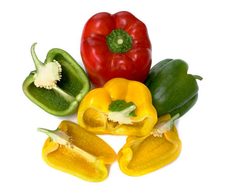 Fresh vegetables Three sweet  bell pepper. Three sweet Red, Green, Yellow  Peppers isolated on white background. Half sweet papper.の写真素材