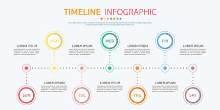 Horizontal timeline template with 7 day,Timeline infographic.Weekly timeline infographic.のイラスト素材