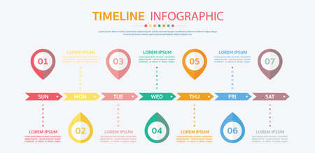 Horizontal timeline template with 7 day,Timeline infographic.Weekly timeline infographic.のイラスト素材