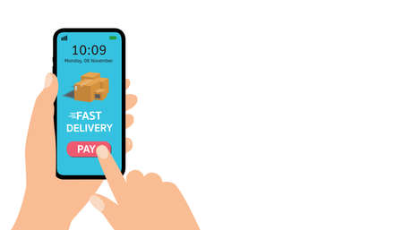 Fast delivery service concept, Hand holding smart phone open app, Vector image cartoon Illustration isolated on white background.

のイラスト素材