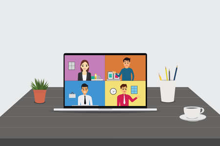 Working at home,llustration with desk and laptop.video conference.のイラスト素材