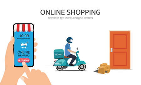 Shopping online on website or mobile application vector concept marketing and digital marketing. Hand holding smartphone and click on mobile application.Scooter delivery service.のイラスト素材