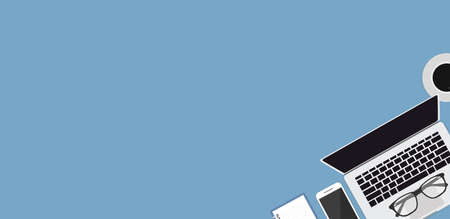 Flat lay, top view office table. Workspace with blank notebook, laptop, glasses and coffee cup on blue background.のイラスト素材