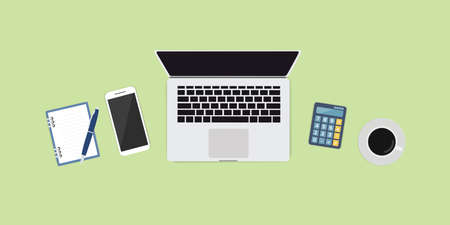 Flat lay, top view office table. Workspace with blank notebook,smartphone, laptop, pen and coffee cup on blue background.Home learning.のイラスト素材