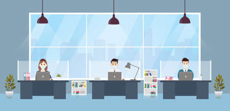 New normal is social distancing and wearing masks.Business office people maintain social distancing meeting room.のイラスト素材