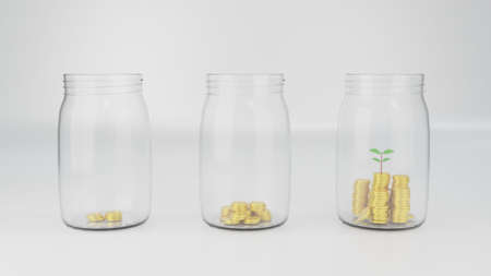 3d render of coins in a glass jar on a white backgroundの写真素材