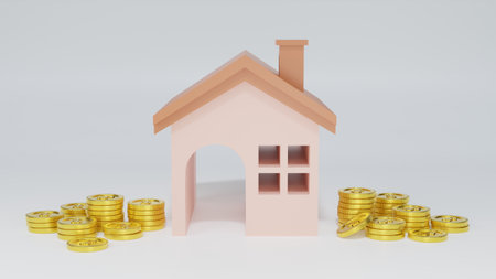 3d render of house model with gold coins on white background.の写真素材