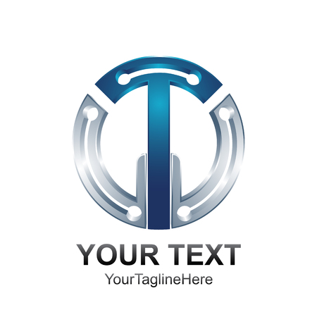Initial letter T or TW logo template colored silver blue circle design for business and company identityのイラスト素材