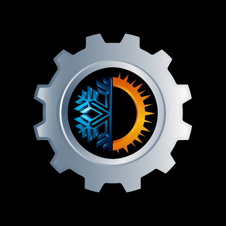 gear Hot and cold round sign logo. Temperature balance icon. Sun and snowflake line style symbols with red and blue parts of circle. Climate weather logoのイラスト素材