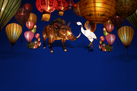Decorate the variety lanterns on the blue backgroundの写真素材