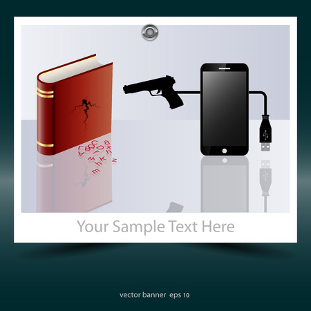E-books and mobile phones kill printed books. Social advertisement. Vector image.のイラスト素材