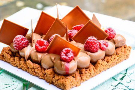 gourmet chocolate cake with raspberries 