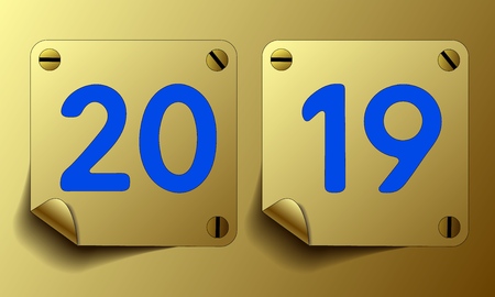 Vector 2019 on two gold icons, on gold sheets on buttons.Golden icons on a gold background with the figures of deep blue.のイラスト素材