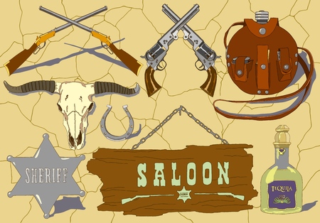 Vector Cowboy hand drawn Icons Set on a colored cracked background.のイラスト素材