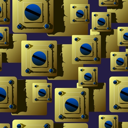 Seamless pattern of Golden plates with blue screws.shadows give the background perspective and volume.の写真素材