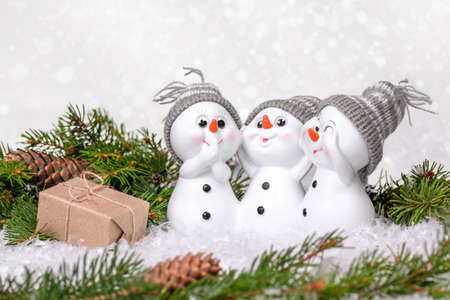 snowmen on the snow a gift and fir branchesの写真素材