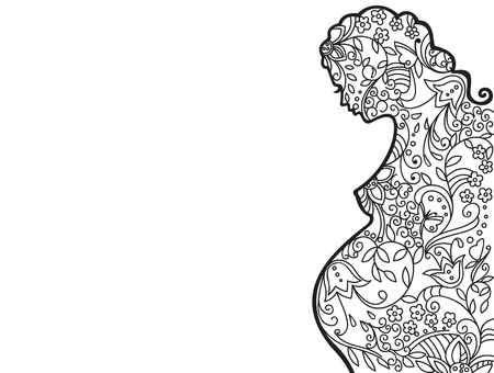 Background with silhouette of pregnant woman in flowersのイラスト素材