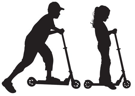 Silhouettes of children on scooterのイラスト素材