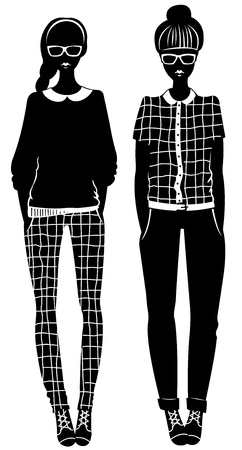 Two silhouettes of hipster girls. のイラスト素材