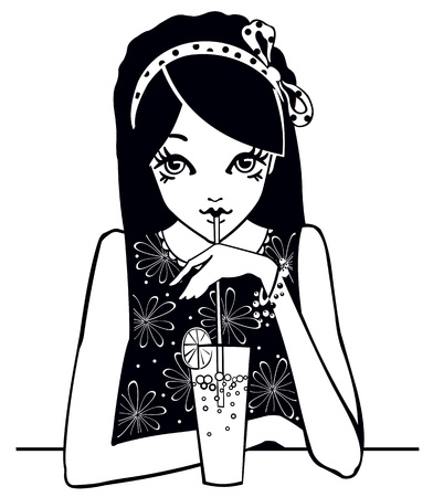 Pretty girl with cocktail. Black and white のイラスト素材