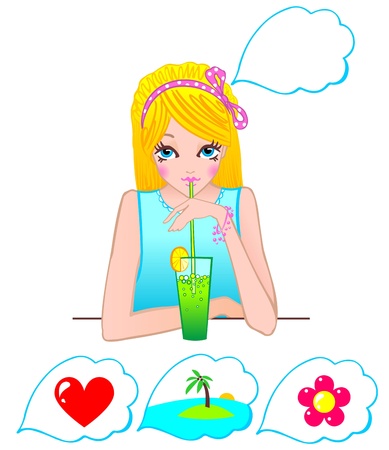 Pretty girl with cocktail and clouds of wishesのイラスト素材