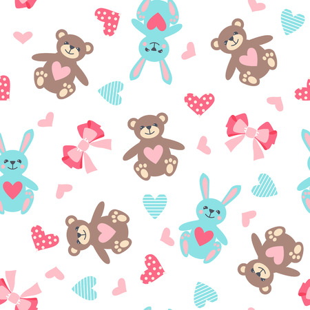 Cute seamless pattern with bear, hare, bow and heart. Vector illustrationのイラスト素材