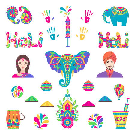 Set of Holi flat icons in indian style. Vector illustrationのイラスト素材