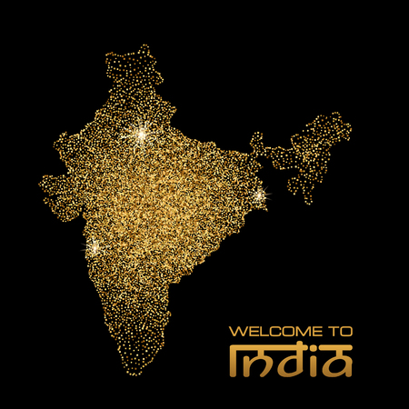 Gold glitter India map on black background. Vector illustrationのイラスト素材