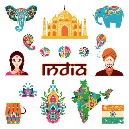 Set of Indian flat icons: indian people, taj mahal, flag, map, drum, lotus, mehendi, elephant.  Vector illustrationのイラスト素材