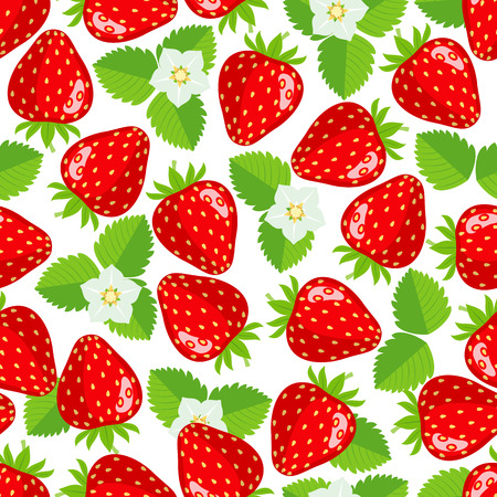 Seamless pattern with strawberries, leaves and flowers. Vector illustrationのイラスト素材