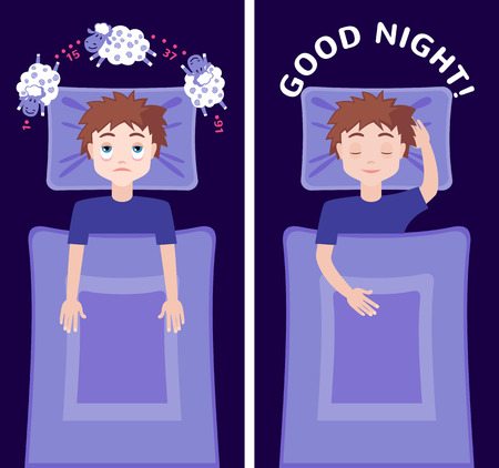 Sleepless man character counting sheep and sleeping man character with good dream. Insomnia concept. Vector illustrationのイラスト素材
