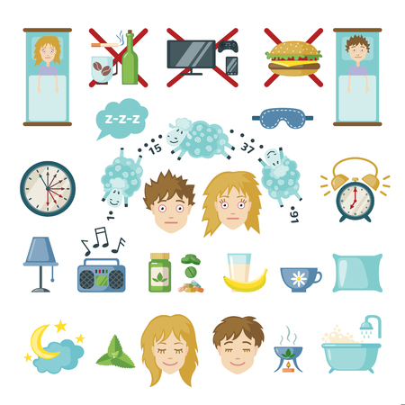 Set of sleep and insomnia icons in flat style. Isolated objects on white background. Symbols  for infographics or web use. Vector insomnia concept.のイラスト素材