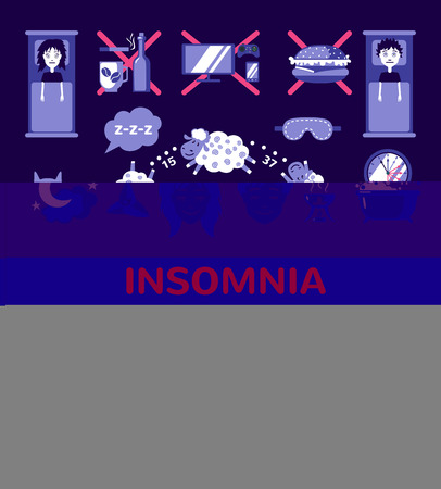 Set of sleep and insomnia icons in flat style. Isolated objects. Symbols  for infographics or web use. Vector insomnia concept.のイラスト素材