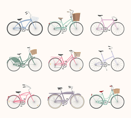 Set of retro bicycles isolated on white background in modern flat style. Vintage bicycles. Old retro style. Vector illustrationのイラスト素材