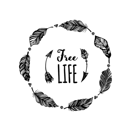 Feather Wreath. Hand Drawn Illustration In Boho Vintage Style Vector illustration.のイラスト素材