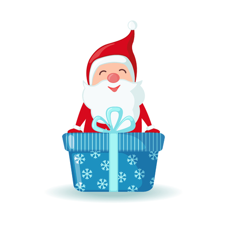 Cute Santa Claus with big gift in flat style isolated on white background. Vector illustrationのイラスト素材