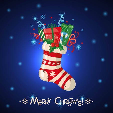Christmas greeting card with sock full of gifts in flat style. Vector illustration.のイラスト素材