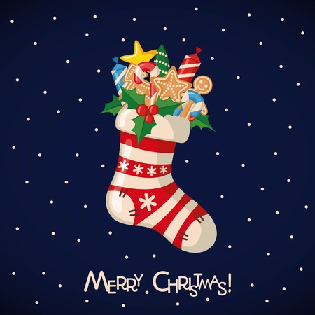 Christmas greeting card with sock full of gifts in flat style. Vector illustration.のイラスト素材