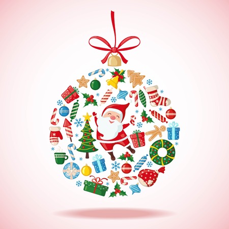 Christmas and New Year Card in the shape of Christmas ball in flat style. Traditional symbols. Vector illustration.のイラスト素材