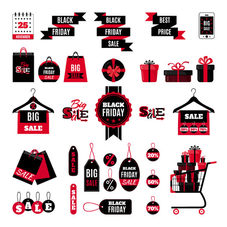 Black friday sale set in flat style isolated on white background. Vector illustration. Black friday design elements. Labels, tags, icons and banners for discount, retail, sales.のイラスト素材