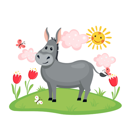 Illustration pour Cute Donkey on a meadow with flowers and butterflies isolated on white background. Farm animal. Donkey in cartoon style. Vector illustration. - image libre de droit