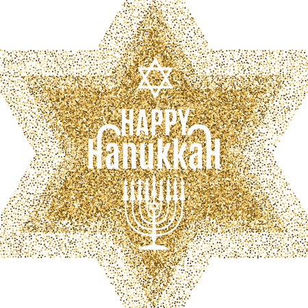 Happy Hanukkah greeting card in star form with gold glitter effect. Traditional Hanukkah symbols. Vector illustration.のイラスト素材