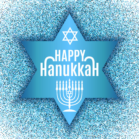 Happy Hanukkah greeting card in star form with blue glitter effect. Traditional Hanukkah symbols. Vector illustration.のイラスト素材