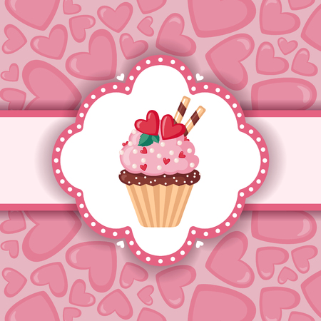 Cute background with cupcake and hearts. Love concept. Design element for Valentine's day, Wedding or Birthday. Vector illustration.のイラスト素材
